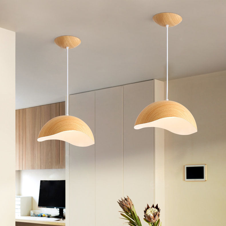 Scandinavian Wood Grain Iron Dome Wave LED Pendant Light