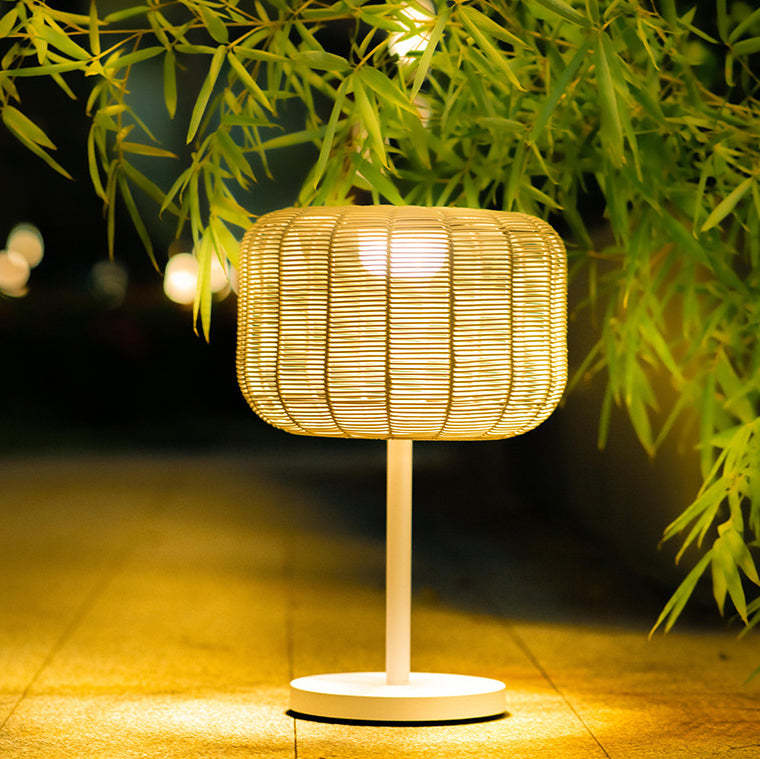 Retro Solar Woven Rattan Metal Cylinder LED Landscape Light
