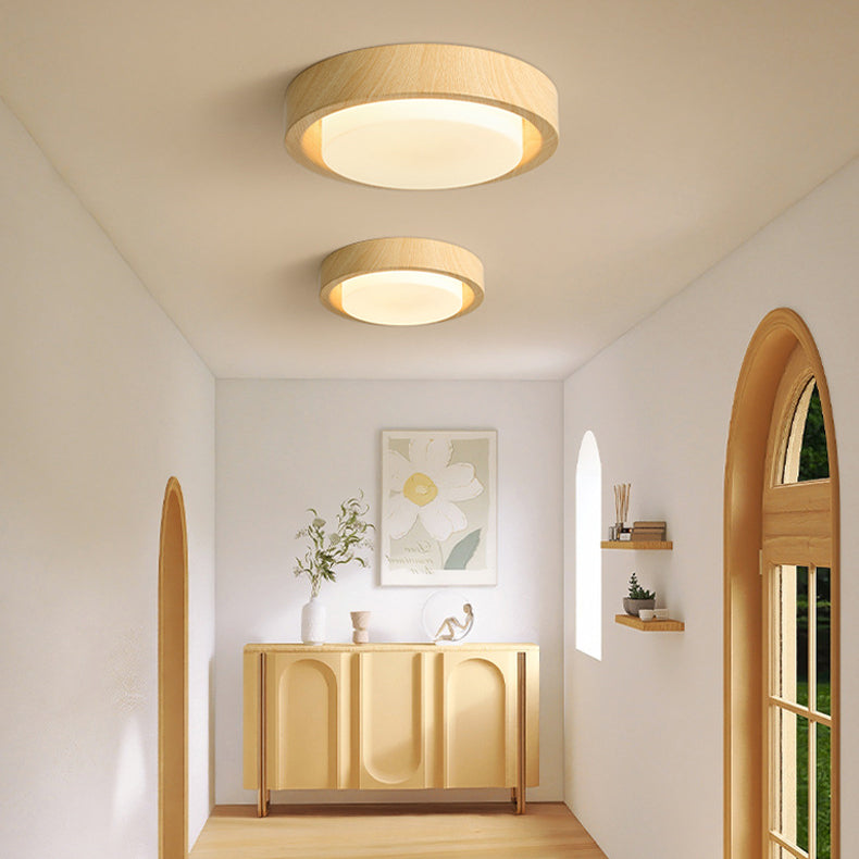 Japanese Round Glass Wood Grain LED Flush Mount Light