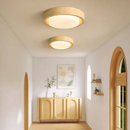 Japanese Round Glass Wood Grain LED Flush Mount Light