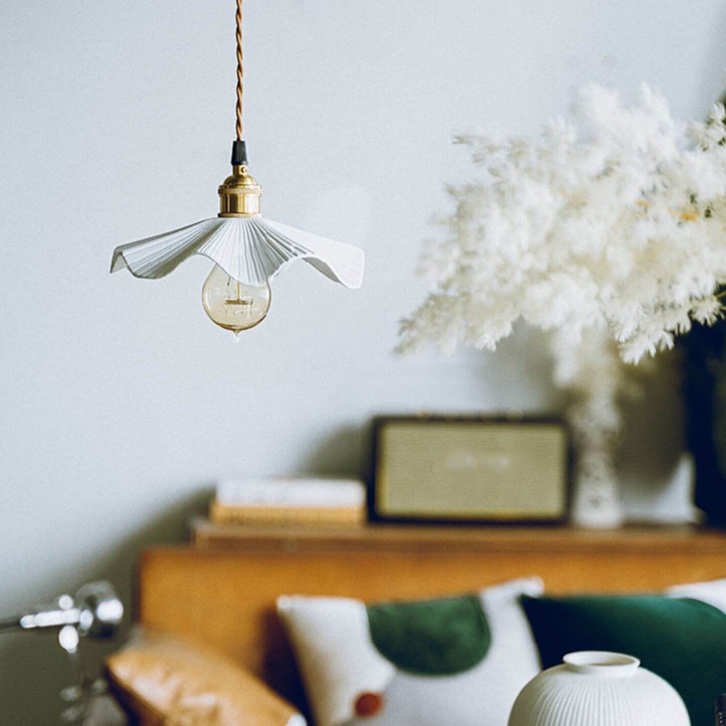 Vintage Japanese Ceramic Scalloped Copper Pendant Light