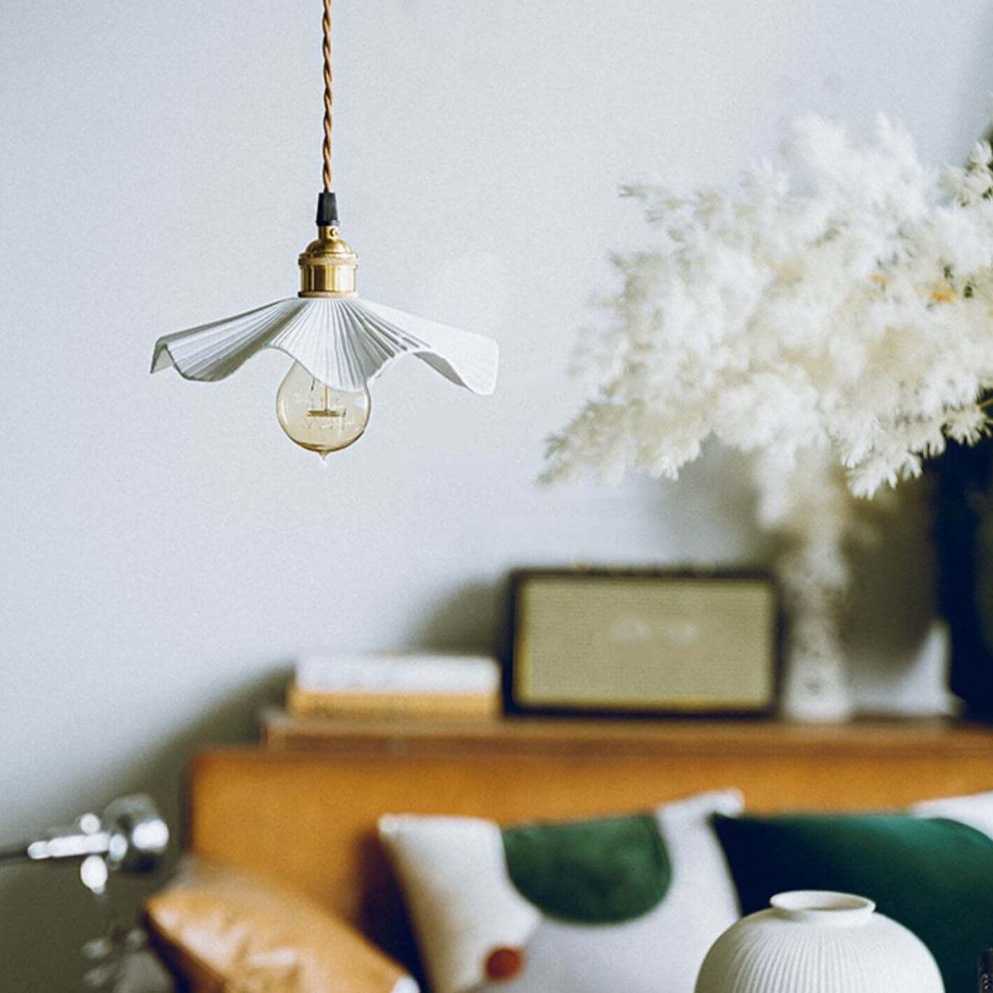 Vintage Japanese Ceramic Scalloped Copper Pendant Light