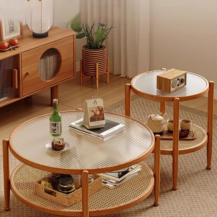 Japanese Glass Rattan Solid Wood End Table — Walnut Color