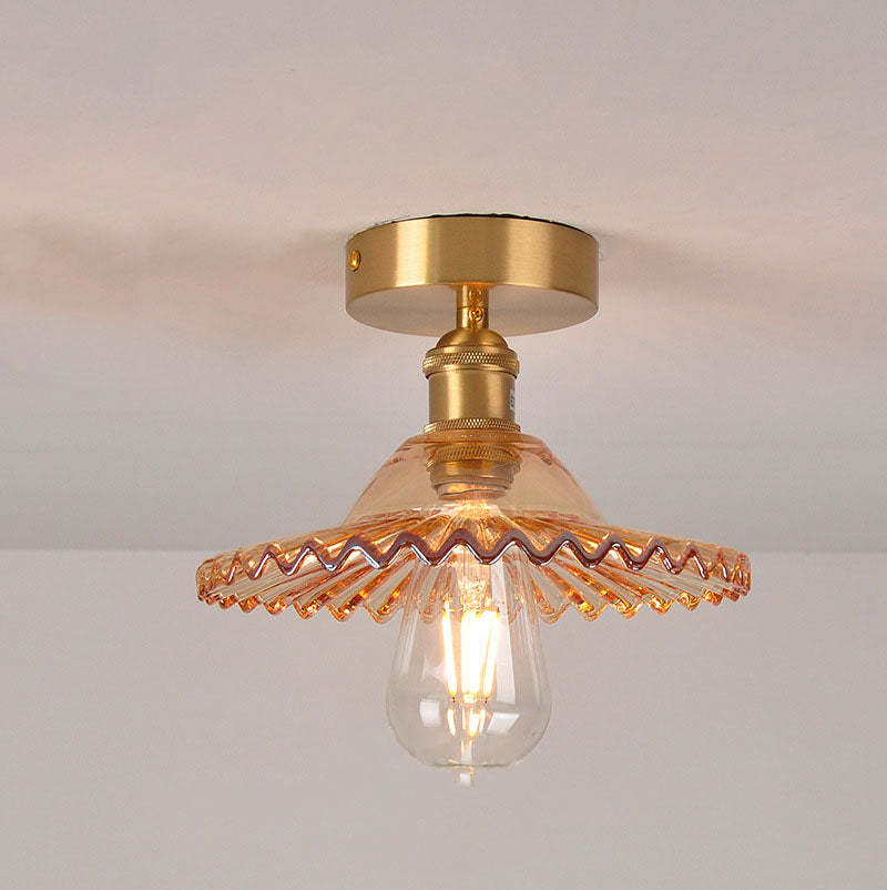 Japanese Vintage Brass Lotus Glass Semi-Flush Ceiling Light