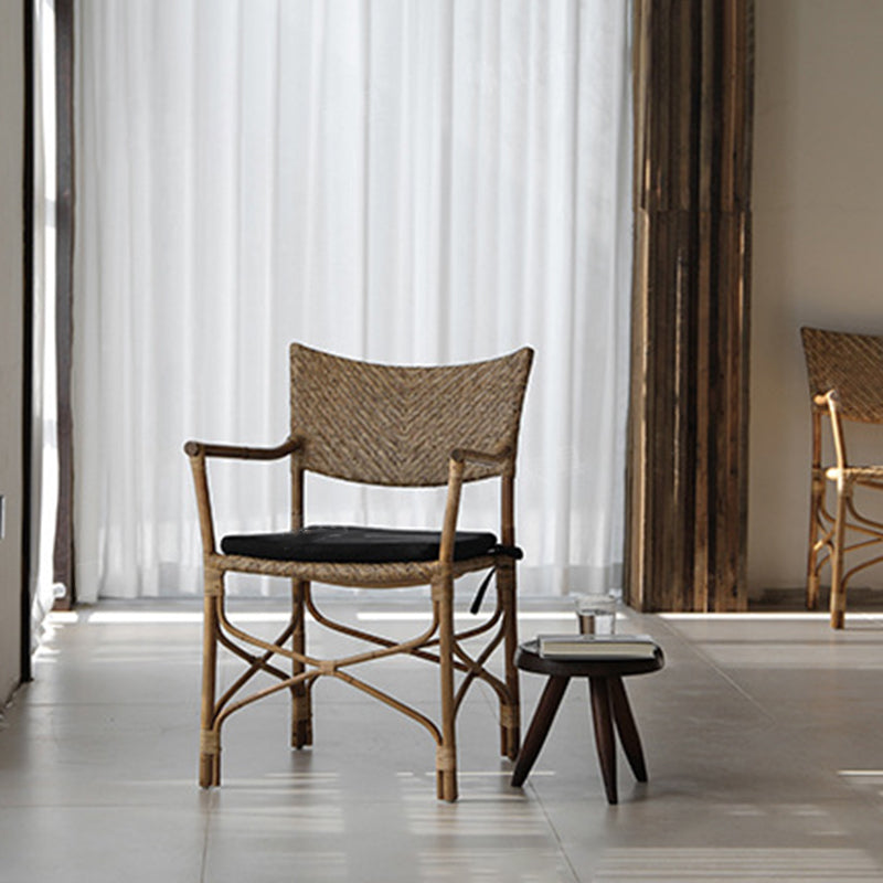 Farmhouse Woven Rattan Dining Chair — With Black Cushion