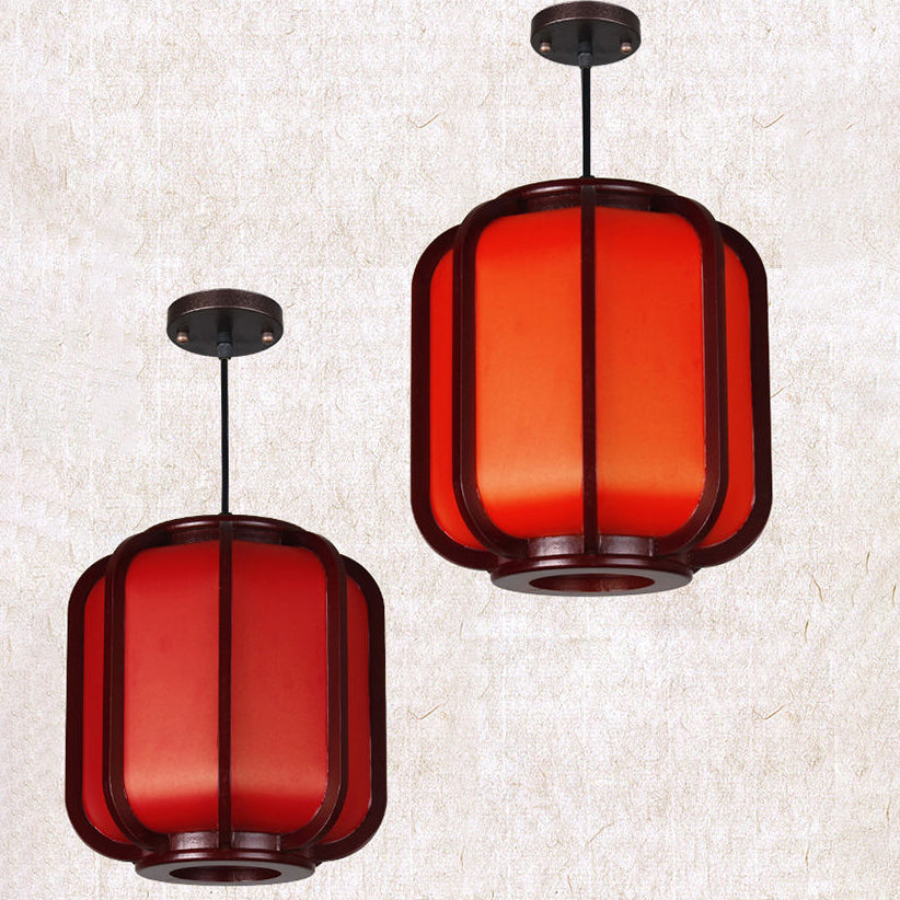 Modern Chinese Faux Sheepskin Wooden Lantern Pendant