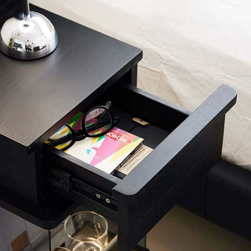 Minimalist Solid Wood Glass Square Nightstand 1-Cabinet