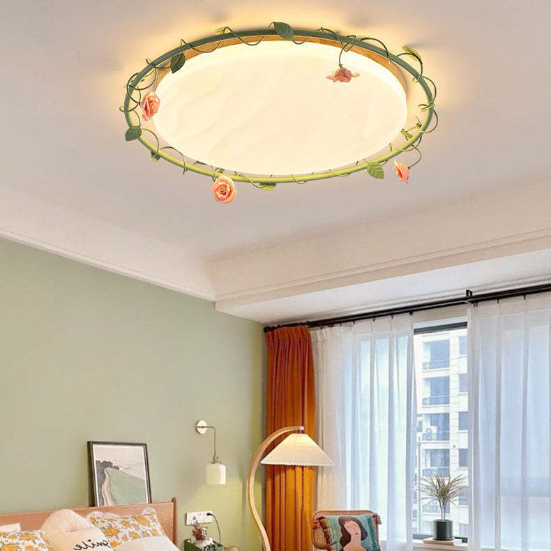 Round Rose Leaf Iron Rubberwood Acrylic LED Flush Light