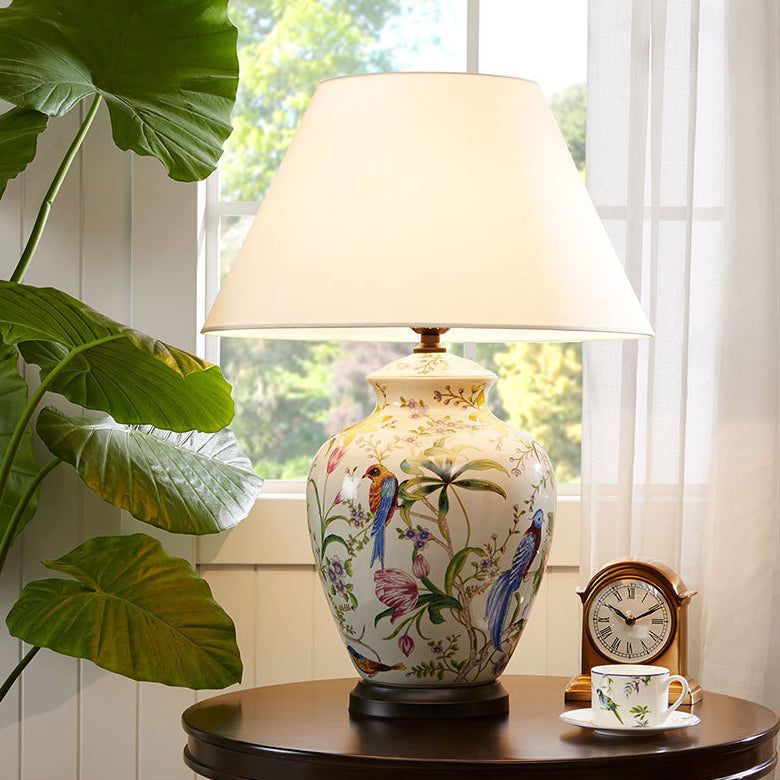 Retro Ceramic Flower Bird Table Lamp — Button / 110V-120V For US/CA
