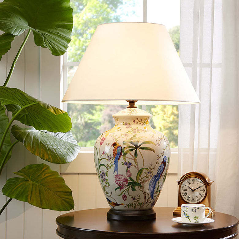 Retro Ceramic Flower Bird Table Lamp — Button / 110V-120V For US/CA