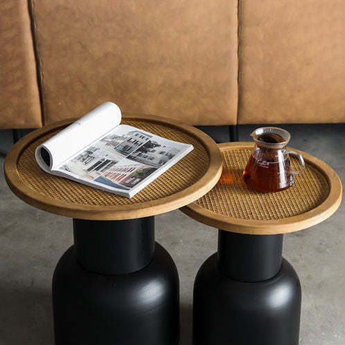 Vintage Cylinder Iron Rattan Wood End Table