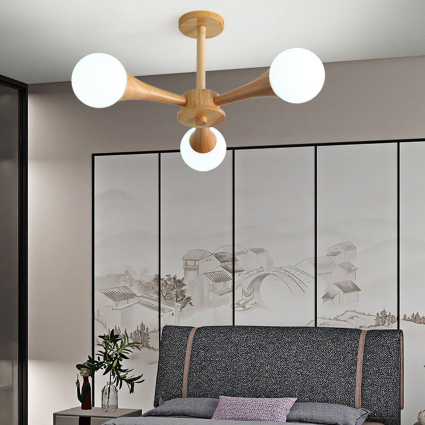 Japanese Log Fork Semi-Flush Ceiling Light