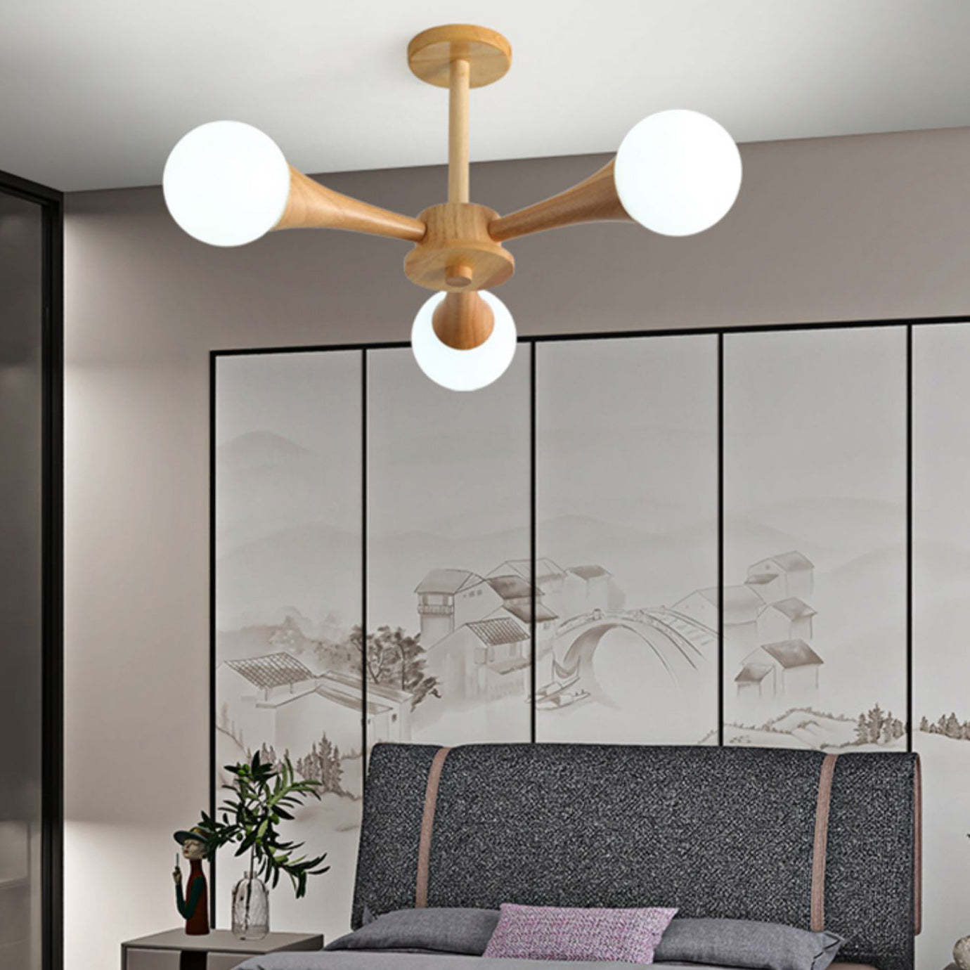 Japanese Log Fork Semi-Flush Ceiling Light