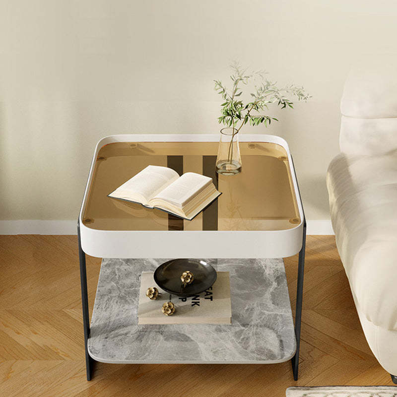 Modern Luxury Glass Rock Slab Iron 2-Tier Coffee Table