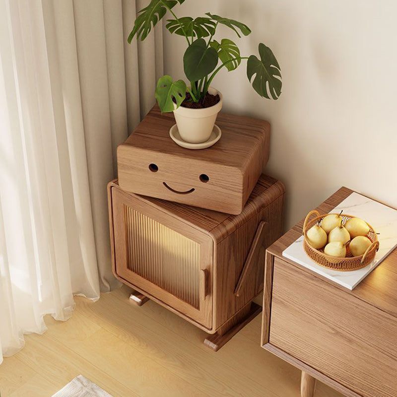 Contemporary Rubberwood Glass Metal Nightstand — Original Wood Color