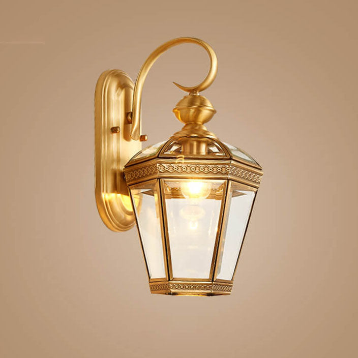European Hexagonal Lantern Copper Glass Outdoor Wall Sconce