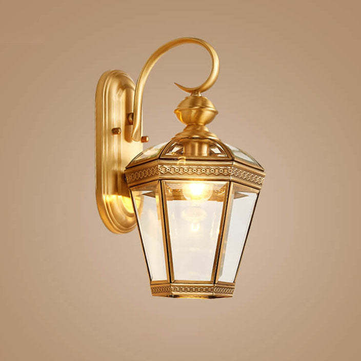 European Hexagonal Lantern Copper Glass Outdoor Wall Sconce