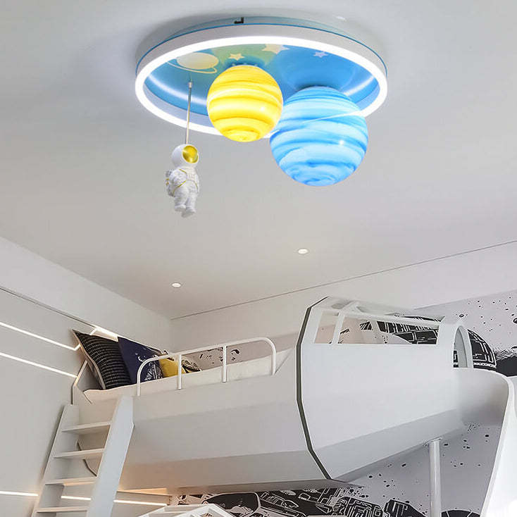 Astronaut Planet Round Kids Flush Mount Light