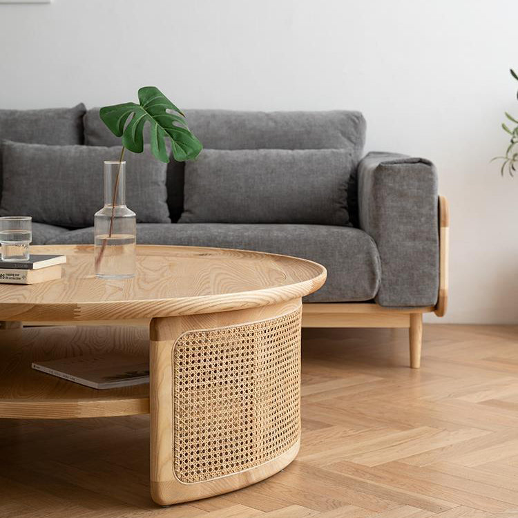 Nordic Round Wood Rattan 2-Tier Coffee Table