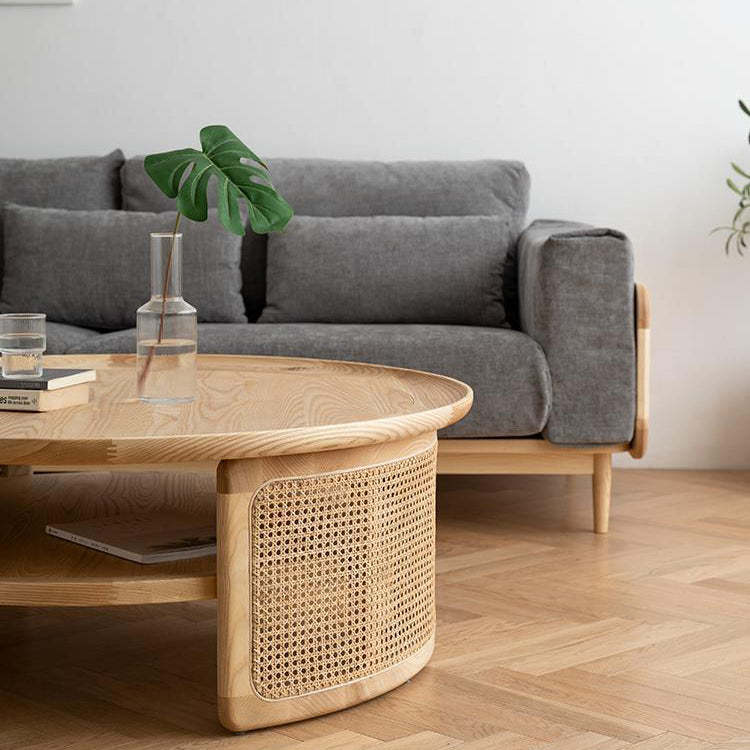 Nordic Round Wood Rattan 2-Tier Coffee Table