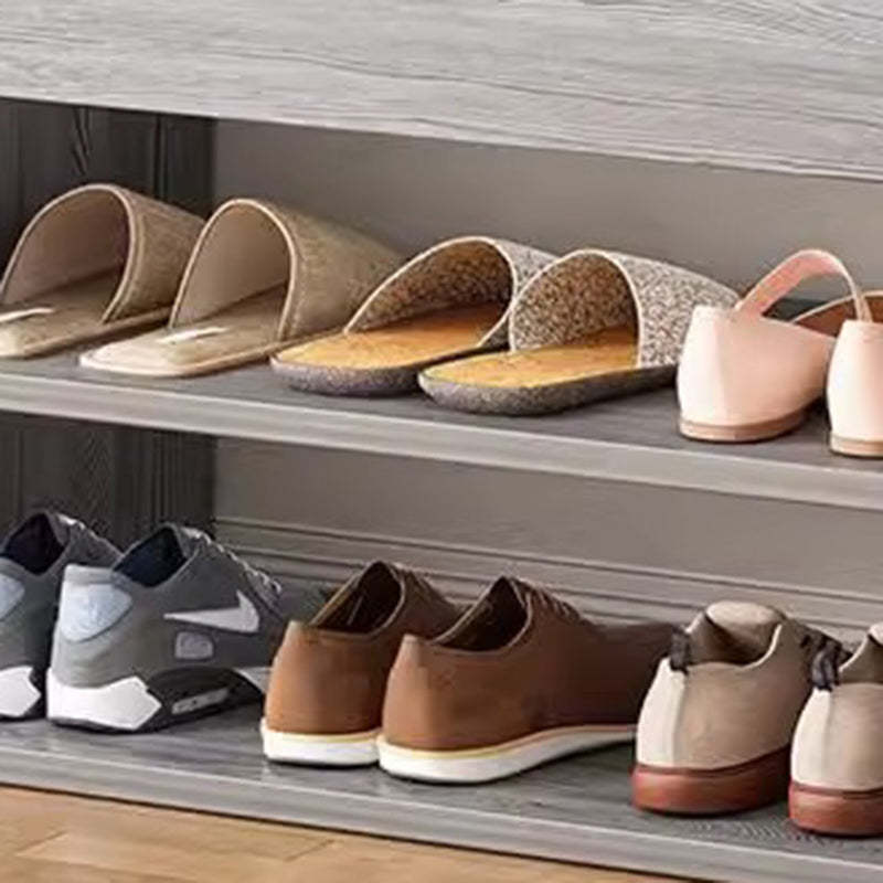 Minimalist Fabric PU Leather Wood 3-Tier Shoe Rack — Gray