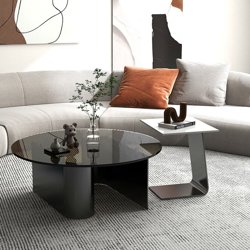 Minimalist Round Glass Slate Metal Coffee Table — B