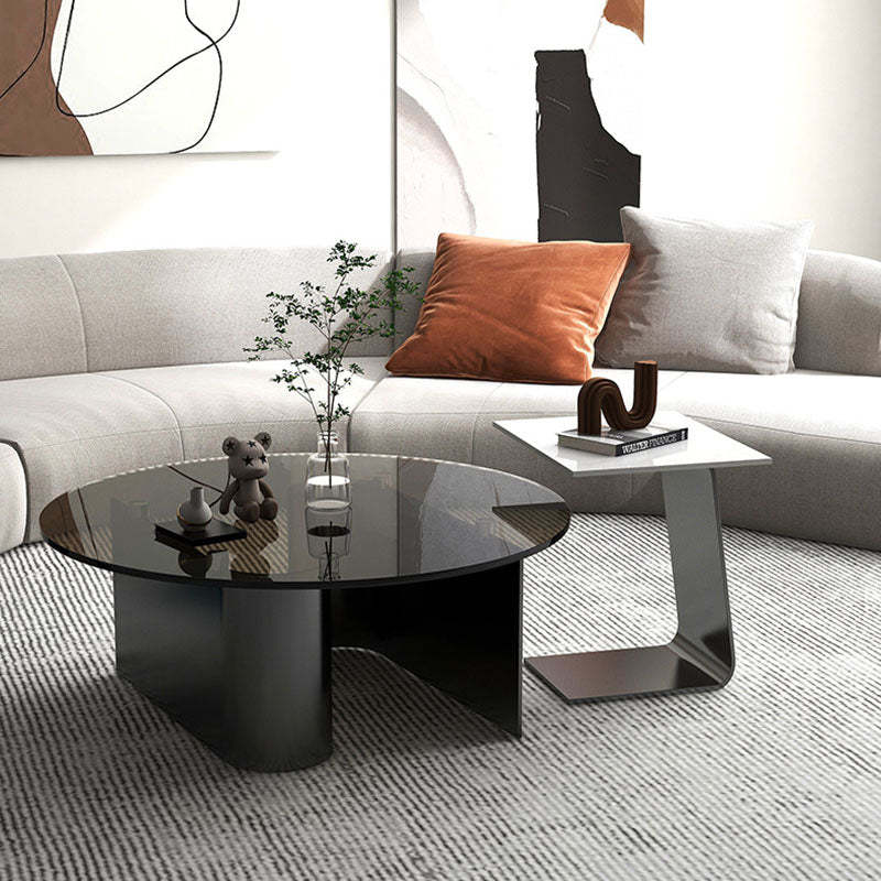 Minimalist Round Glass Slate Metal Coffee Table — B