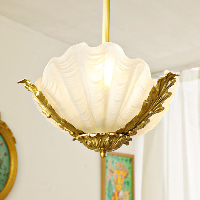 French Shell Brass Glass Chandelier