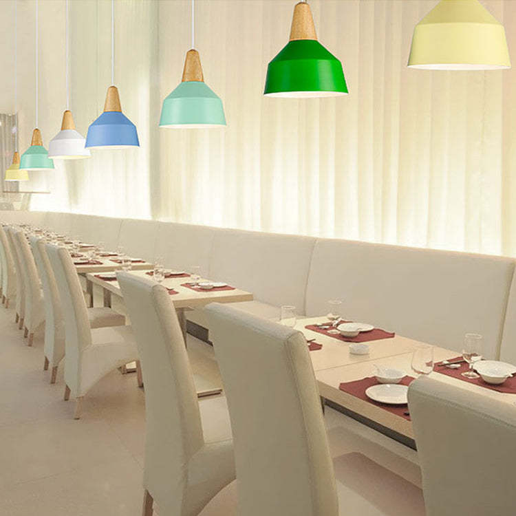 Minimalist Cone Trapezoid Iron Wood Pendant Light — Blue / 220V-240V For UK/AU
