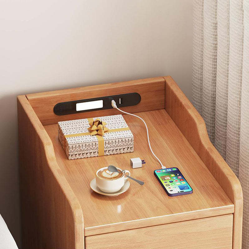 Minimalist Rubber Wood Nightstand 2-Drawer USB Sensor Light — Walnut Color