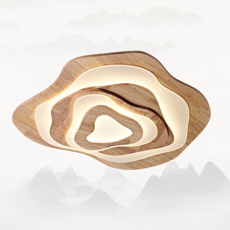 Modern Chinese Solid Wood Textured Geometric LED Flush Light
