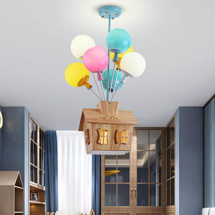 Contemporary House Balloon Iron Wood Glass Chandelier