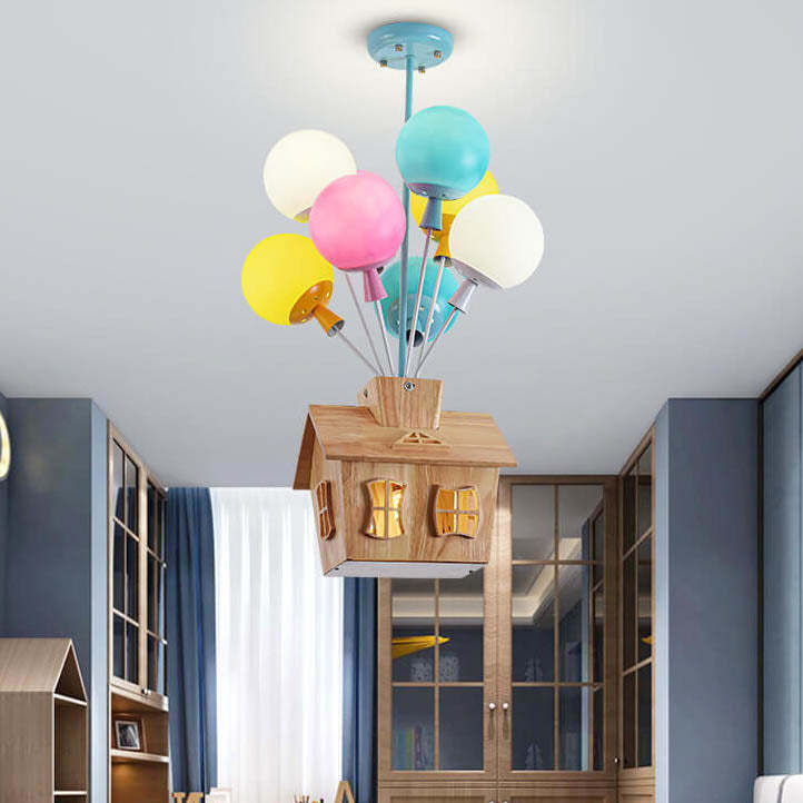 Contemporary House Balloon Iron Wood Glass Chandelier