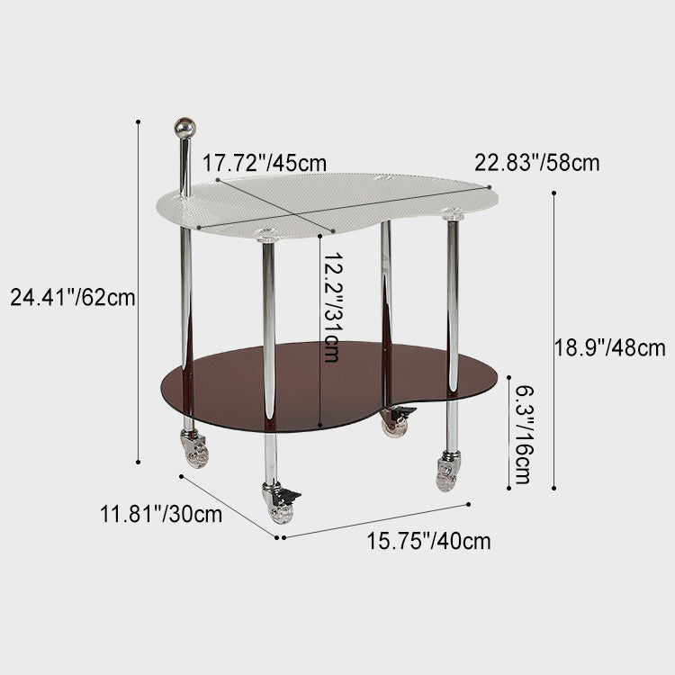 Minimalist Glass Mango-Shaped Side Table On Wheels 2-Tier — Brown