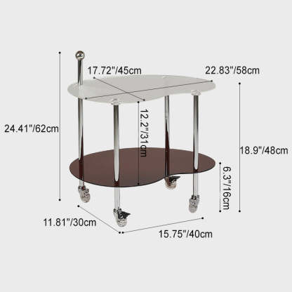 Minimalist Glass Mango-Shaped Side Table On Wheels 2-Tier — Brown