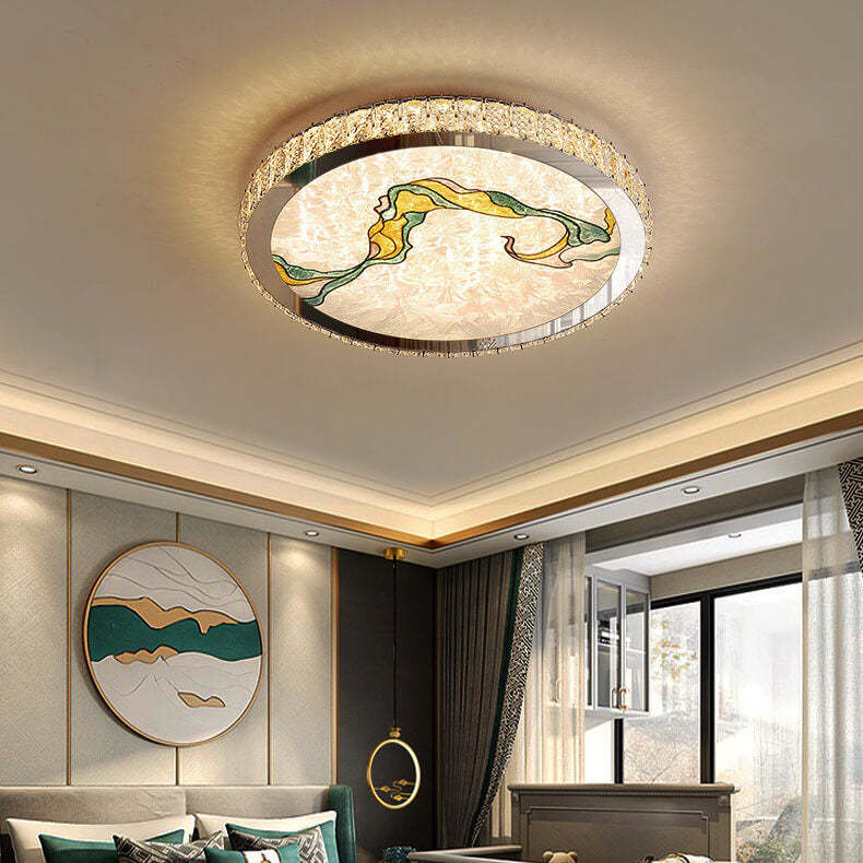 Modern Luxury Enamel Crystal Round LED Flush Mount Light