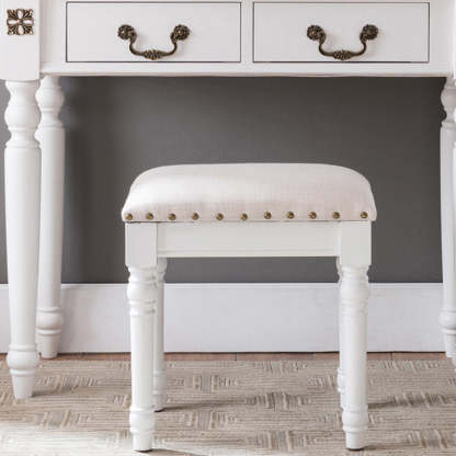 Scandinavian Linen Leather Wood Vanity Stool — Leather + White / White