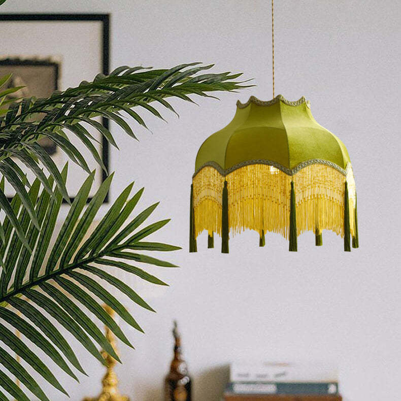 French Vintage Fabric Tassel Brass Pendant Light