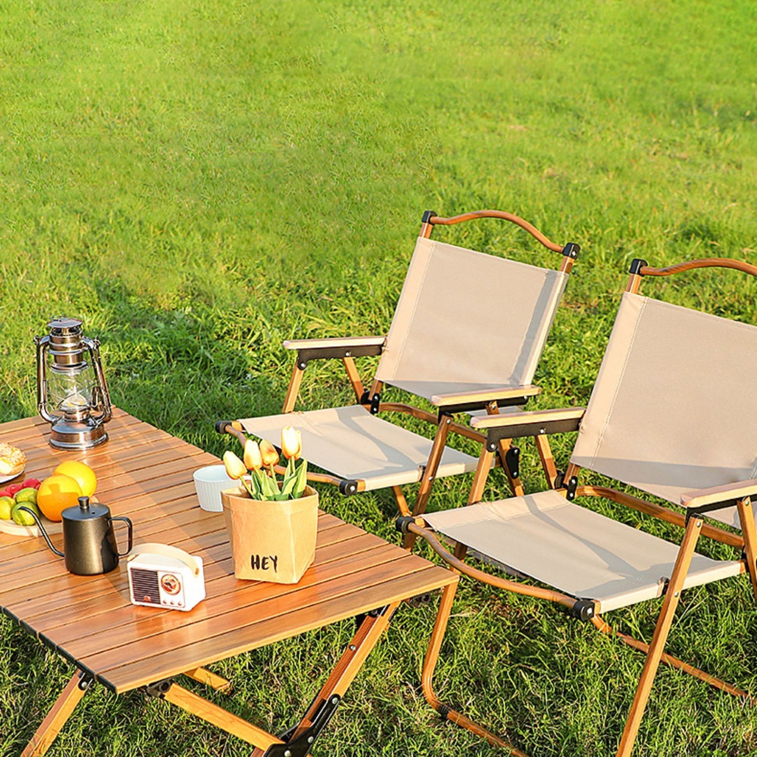 Rustic Suede Cotton Steel Foldable Chair — Black / Khaki with khaki cushion