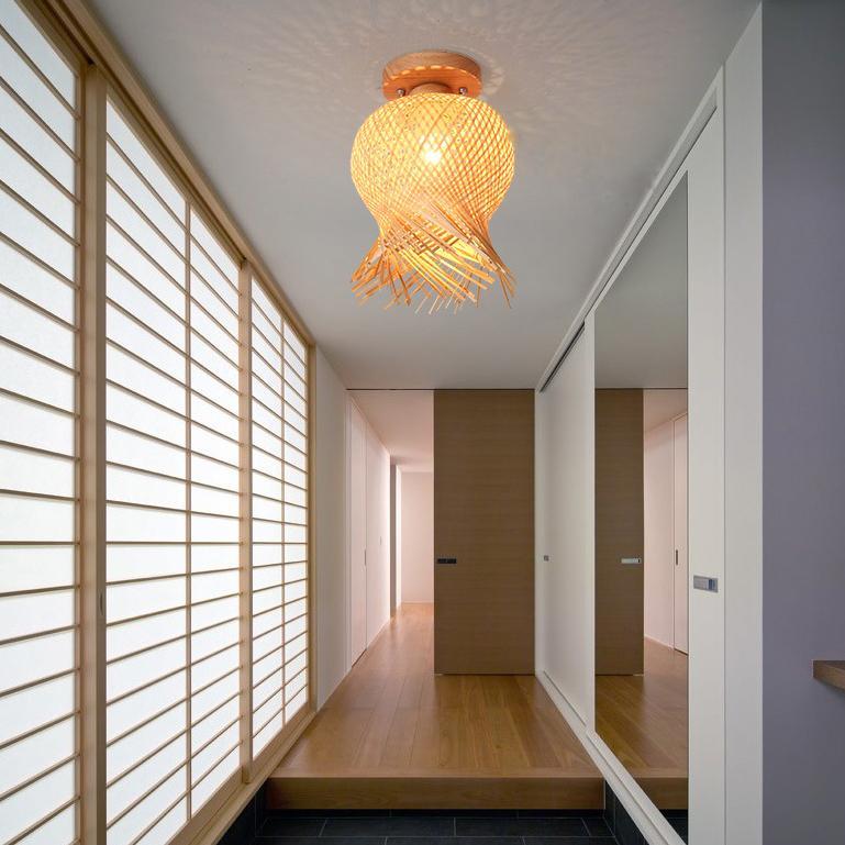 Minimalist Bamboo Weaving Flush Mount Light