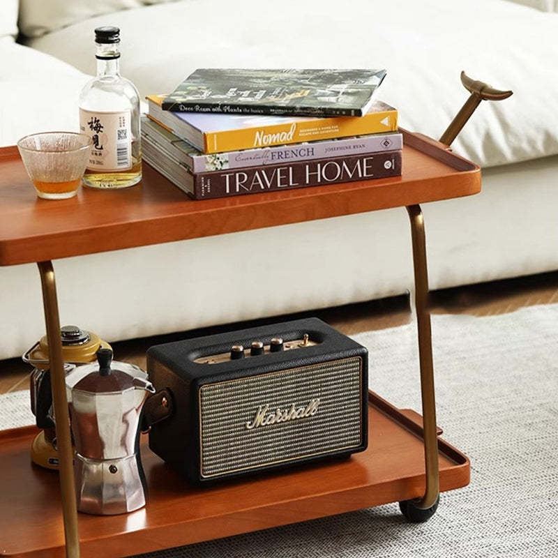 Retro Rubber Wood Stainless Steel Movable Side Table 2-Tier