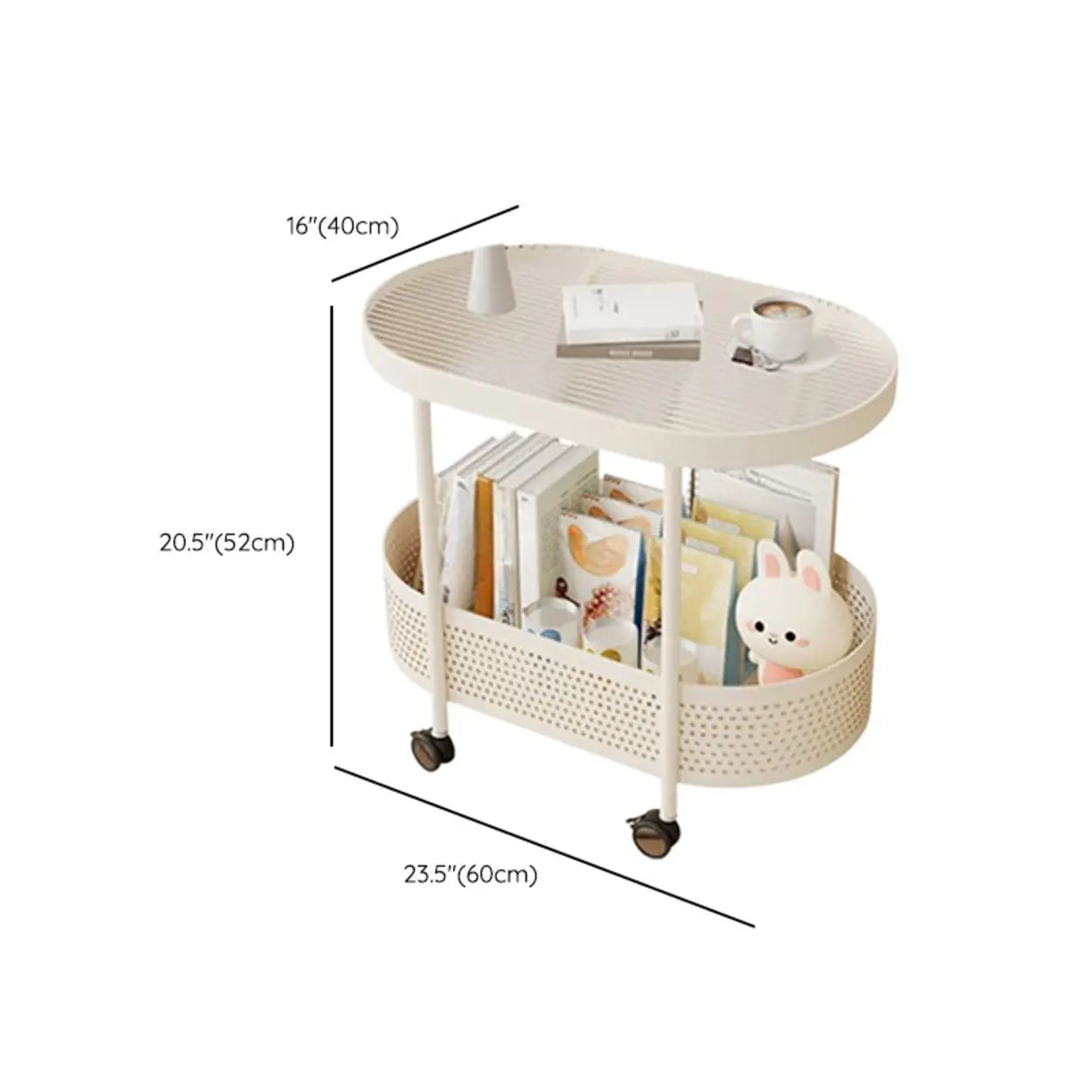 Off-White Acrylic 2-Tier Oval Rolling Chairside Table