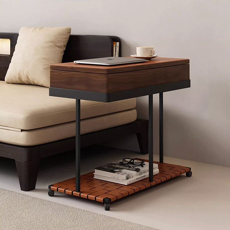 Minimalist Iron Leather Wood Rectangular End Table 1-Storage