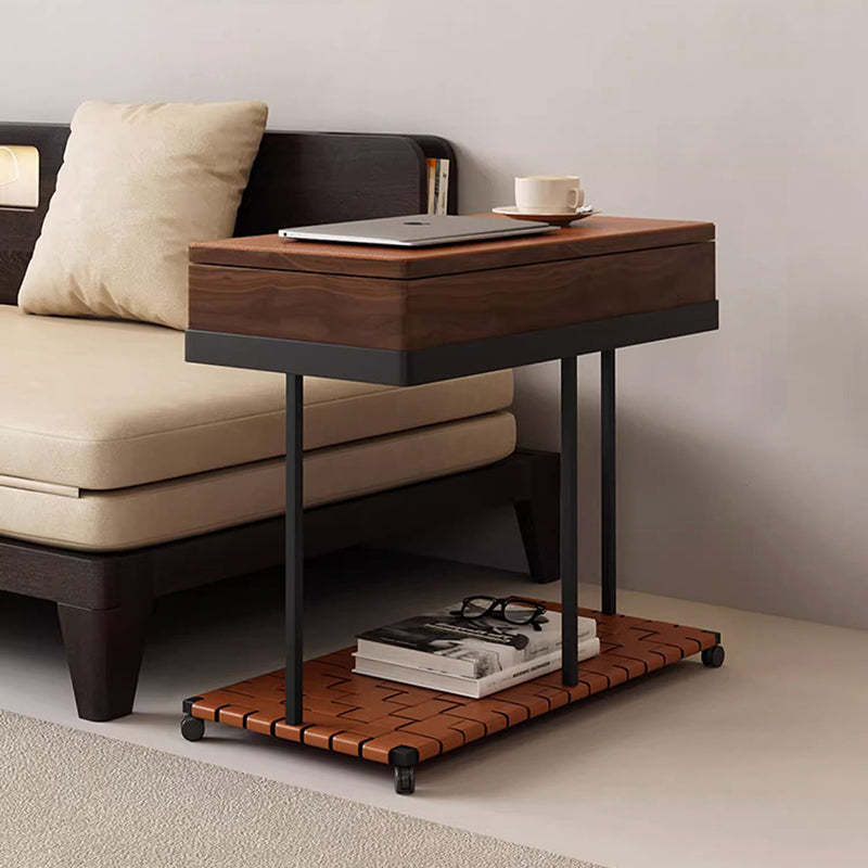 Minimalist Iron Leather Wood Rectangular End Table 1-Storage