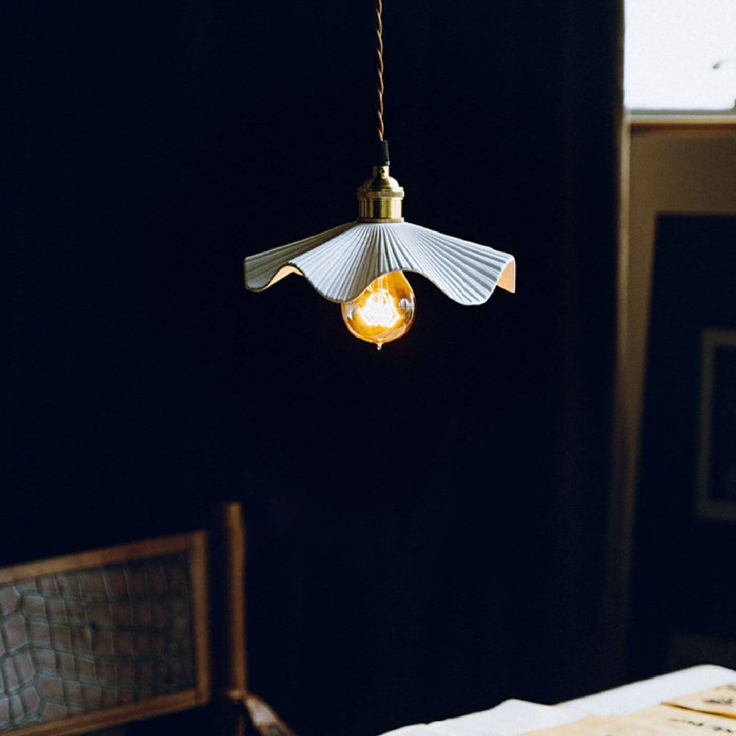 Vintage Japanese Ceramic Scalloped Copper Pendant Light