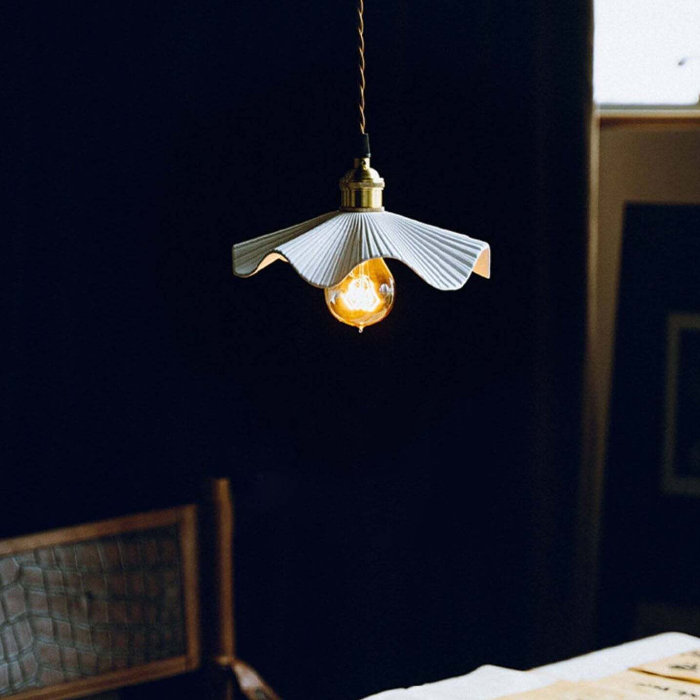 Vintage Japanese Ceramic Scalloped Copper Pendant Light