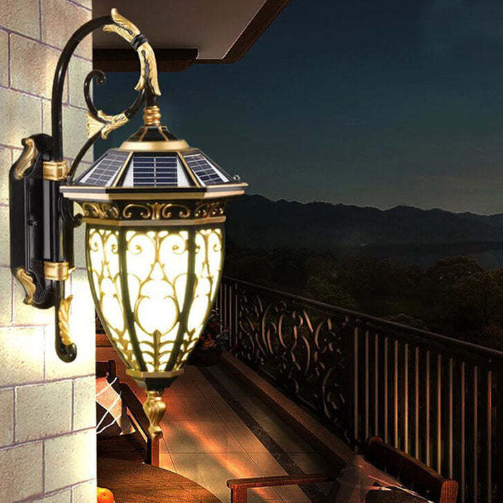 European Retro Solar Carved Lantern LED Outdoor Wall Sconce
