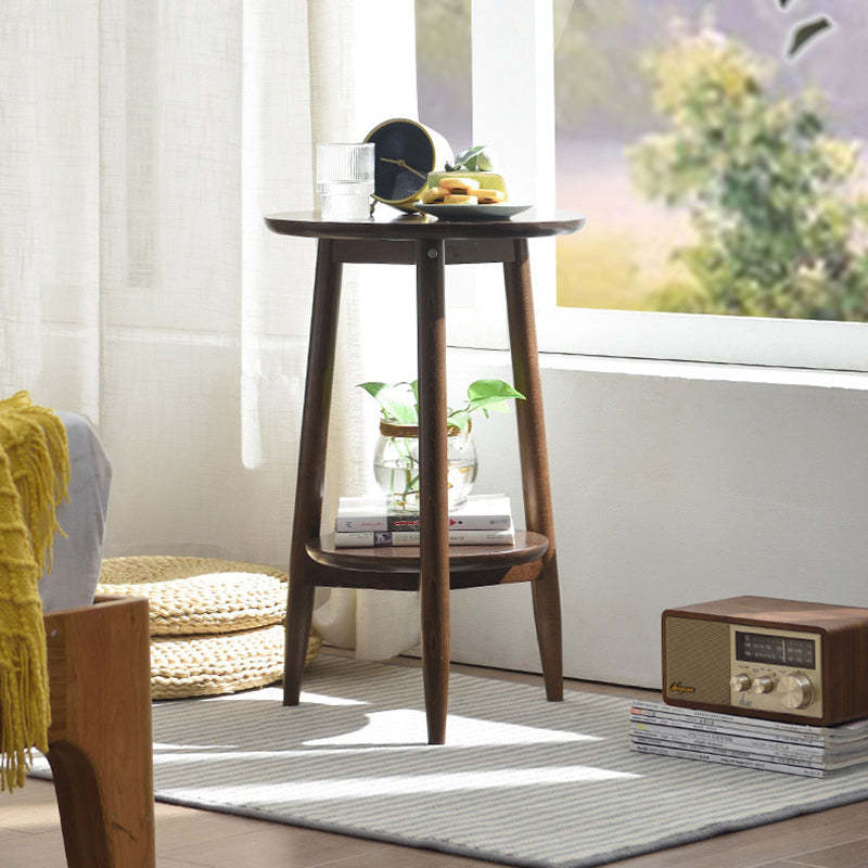 Scandinavian Round Wood 1-Shelf Side Table — Walnut Color