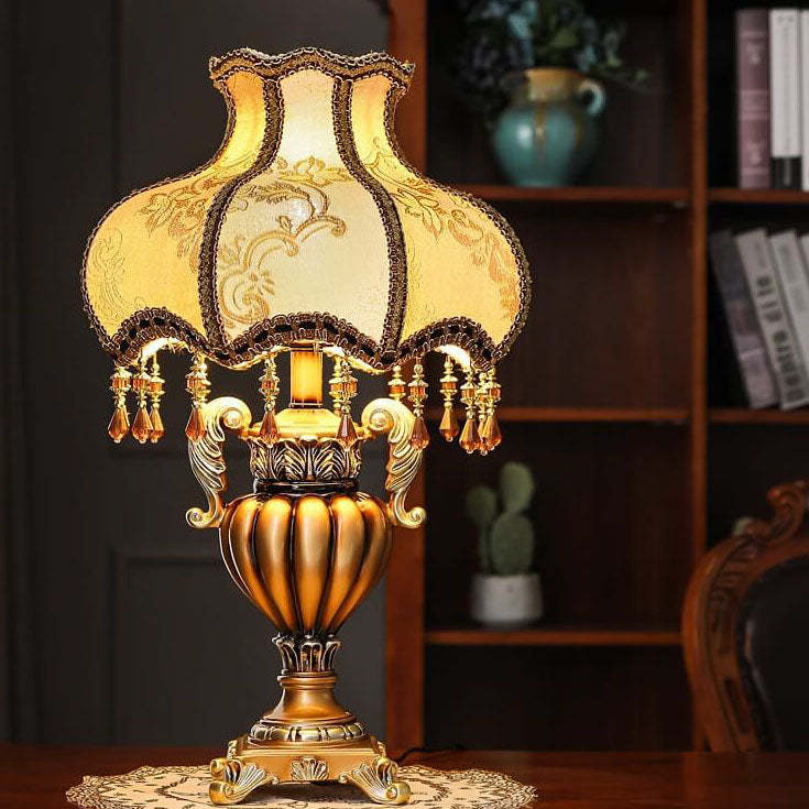 European Vintage Fabric Beaded Resin Base Palace Table Lamp — Push Button Switch / 220V-240V For UK/AU