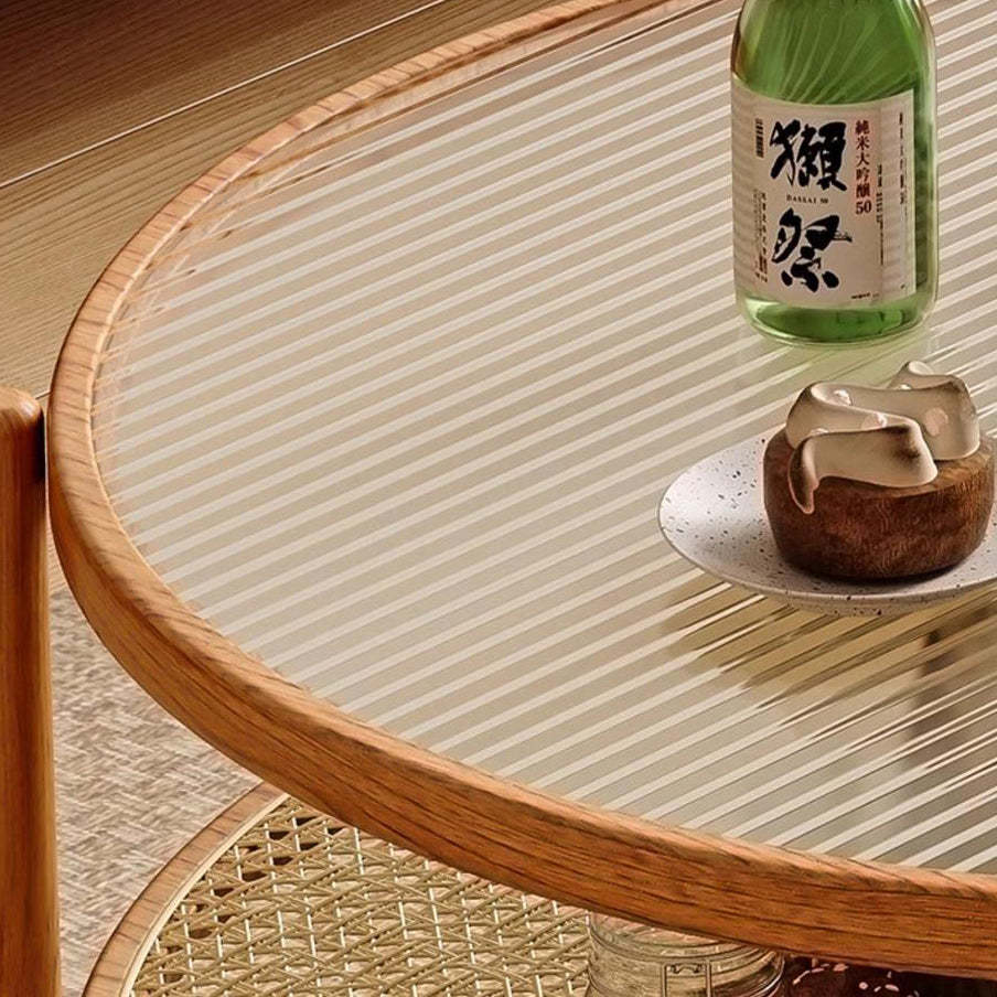 Japanese Glass Rattan Solid Wood End Table — Walnut Color